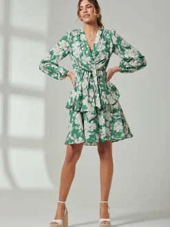 Casey Long Sleeve Tie Front Dress, Green Floral