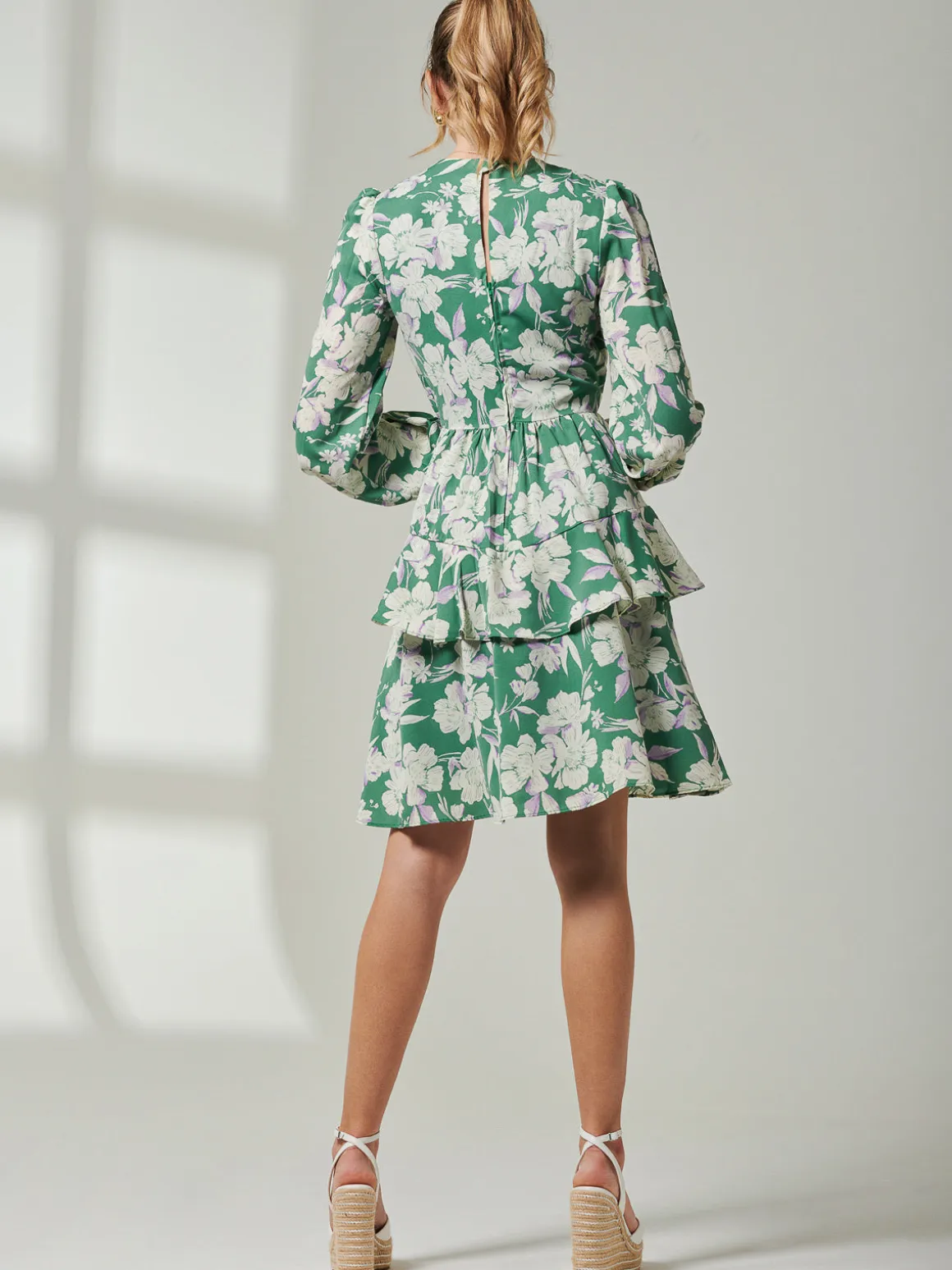 Casey Long Sleeve Tie Front Dress, Green Floral