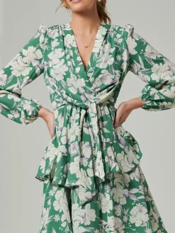 Casey Long Sleeve Tie Front Dress, Green Floral