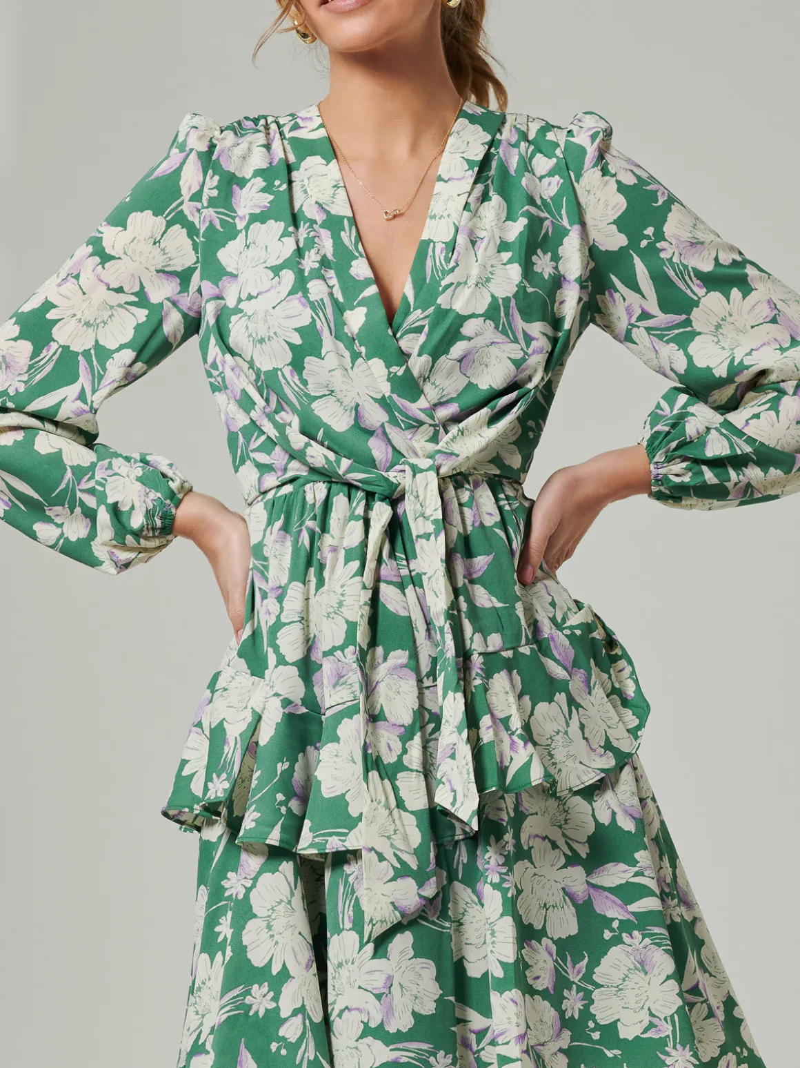 Casey Long Sleeve Tie Front Dress, Green Floral