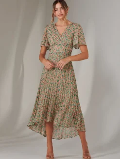 Charlotte Pleated Chiffon Midaxi Dress, Beige Multi