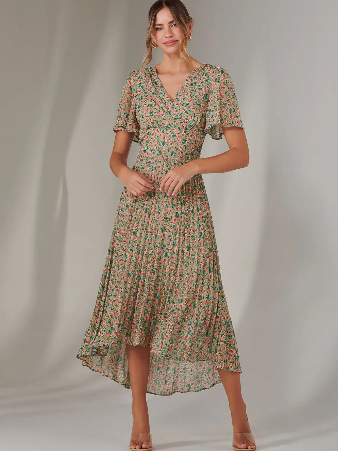 Charlotte Pleated Chiffon Midaxi Dress, Beige Multi