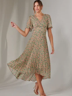 Charlotte Pleated Chiffon Midaxi Dress, Beige Multi