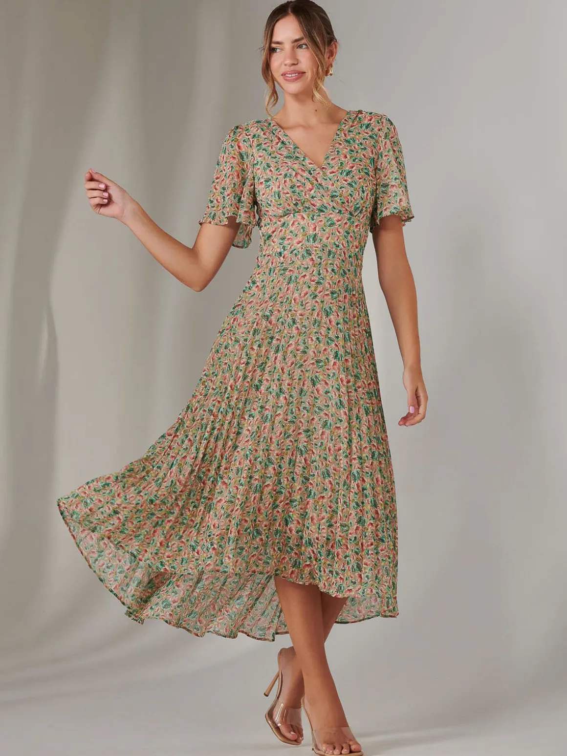 Charlotte Pleated Chiffon Midaxi Dress, Beige Multi