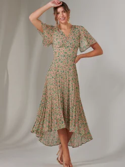 Charlotte Pleated Chiffon Midaxi Dress, Beige Multi