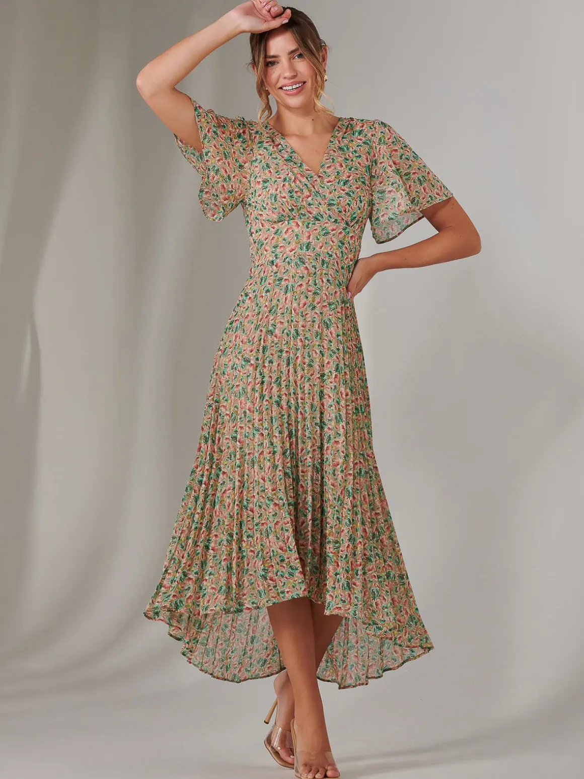 Charlotte Pleated Chiffon Midaxi Dress, Beige Multi