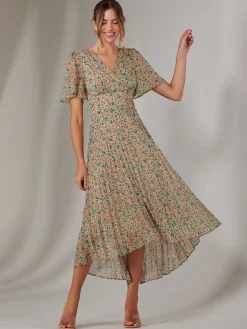 Charlotte Pleated Chiffon Midaxi Dress, Beige Multi