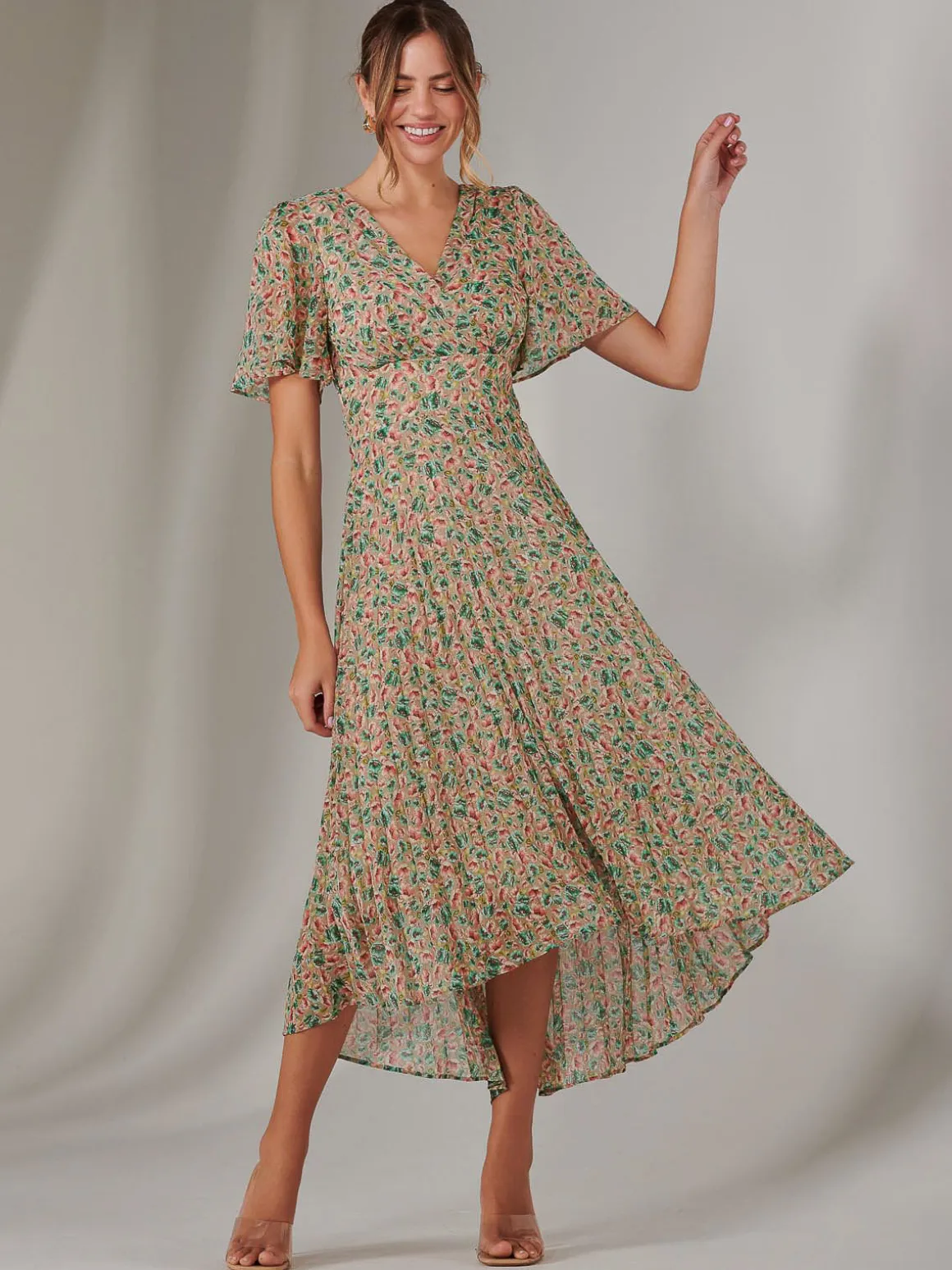 Charlotte Pleated Chiffon Midaxi Dress, Beige Multi