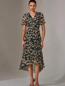 Charlotte Pleated Chiffon Midaxi Dress, Black Floral