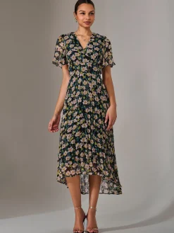 Charlotte Pleated Chiffon Midaxi Dress, Black Floral