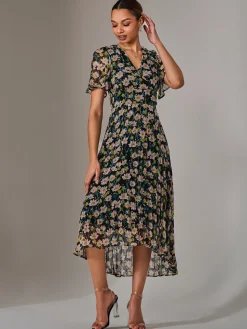 Charlotte Pleated Chiffon Midaxi Dress, Black Floral