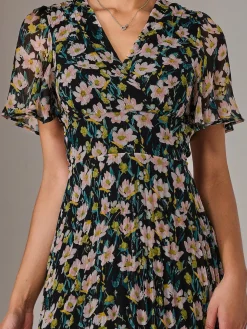 Charlotte Pleated Chiffon Midaxi Dress, Black Floral