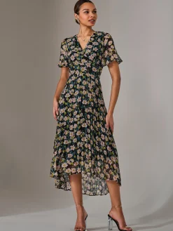 Charlotte Pleated Chiffon Midaxi Dress, Black Floral