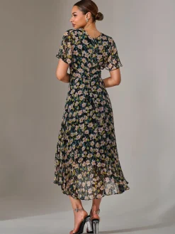 Charlotte Pleated Chiffon Midaxi Dress, Black Floral