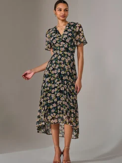 Charlotte Pleated Chiffon Midaxi Dress, Black Floral