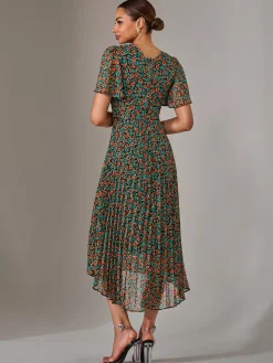 Charlotte Pleated Chiffon Midaxi Dress, Black Multi