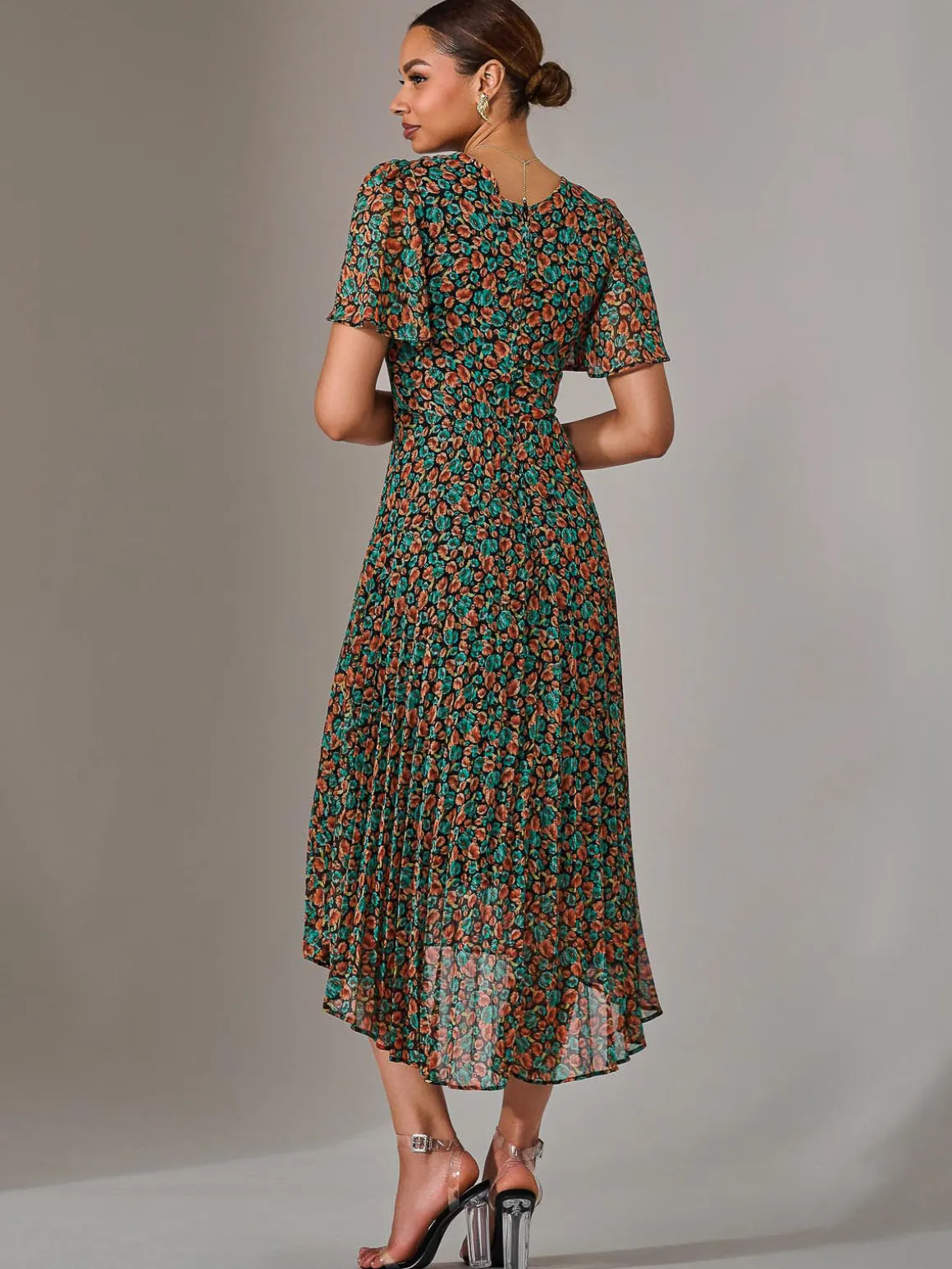 Charlotte Pleated Chiffon Midaxi Dress, Black Multi