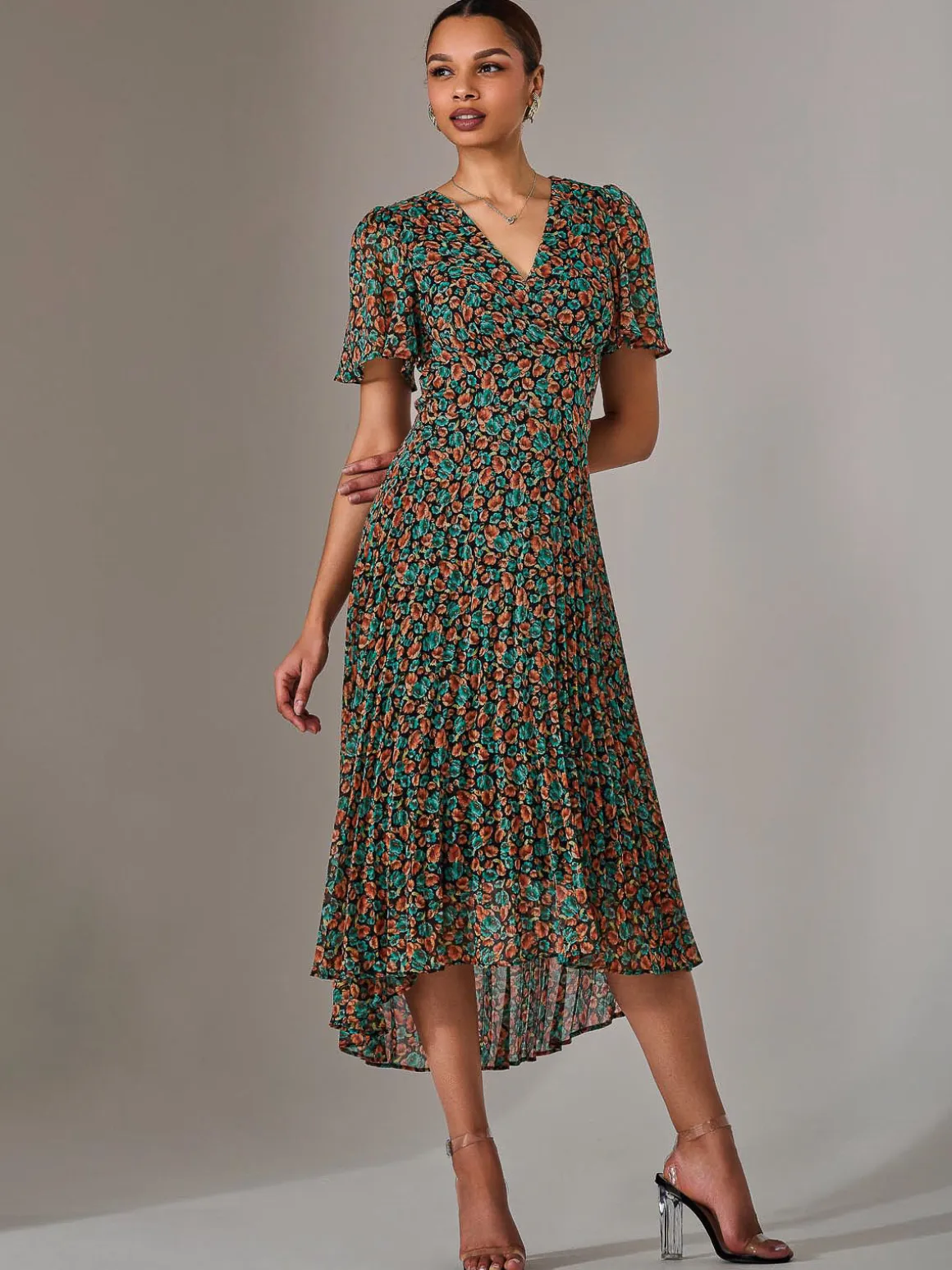 Charlotte Pleated Chiffon Midaxi Dress, Black Multi