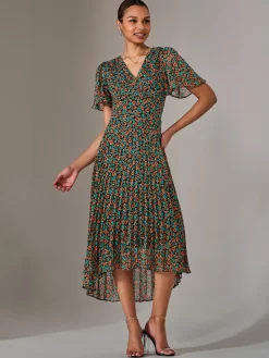 Charlotte Pleated Chiffon Midaxi Dress, Black Multi