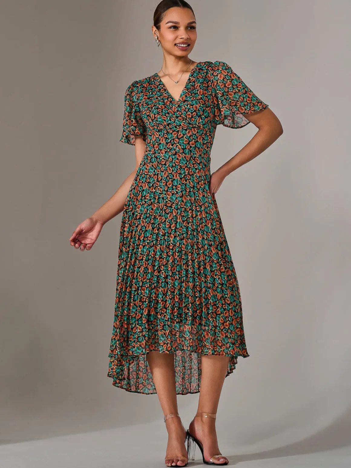 Charlotte Pleated Chiffon Midaxi Dress, Black Multi