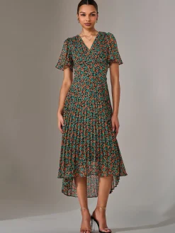 Charlotte Pleated Chiffon Midaxi Dress, Black Multi
