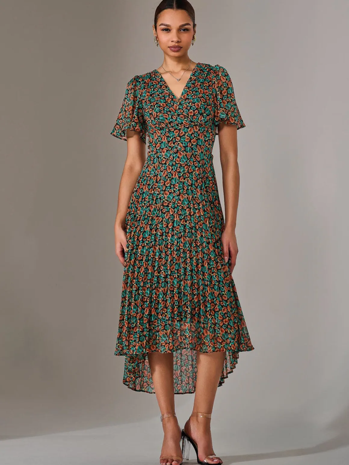 Charlotte Pleated Chiffon Midaxi Dress, Black Multi