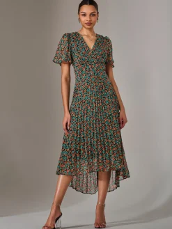 Charlotte Pleated Chiffon Midaxi Dress, Black Multi