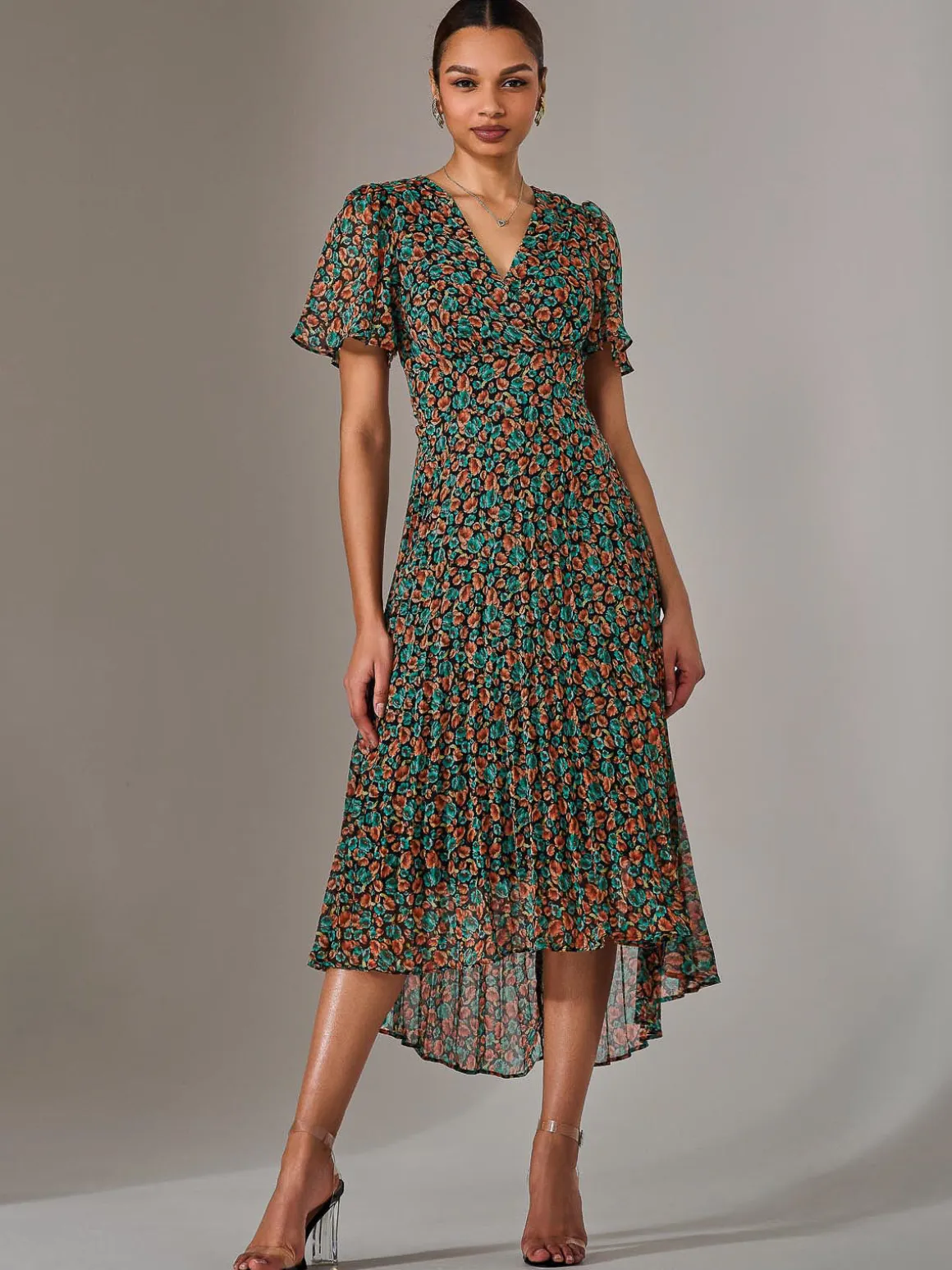Charlotte Pleated Chiffon Midaxi Dress, Black Multi