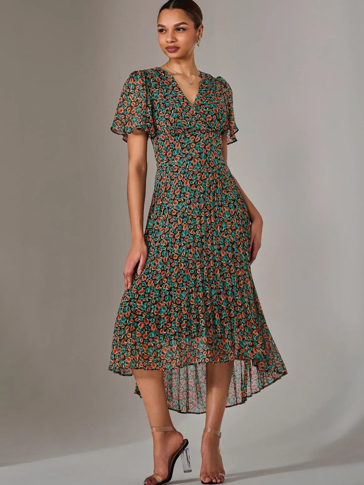 Charlotte Pleated Chiffon Midaxi Dress, Black Multi