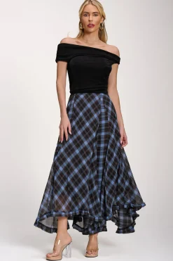 Checked Chiffon Hanky Hem Maxi Skirt, Blue Check