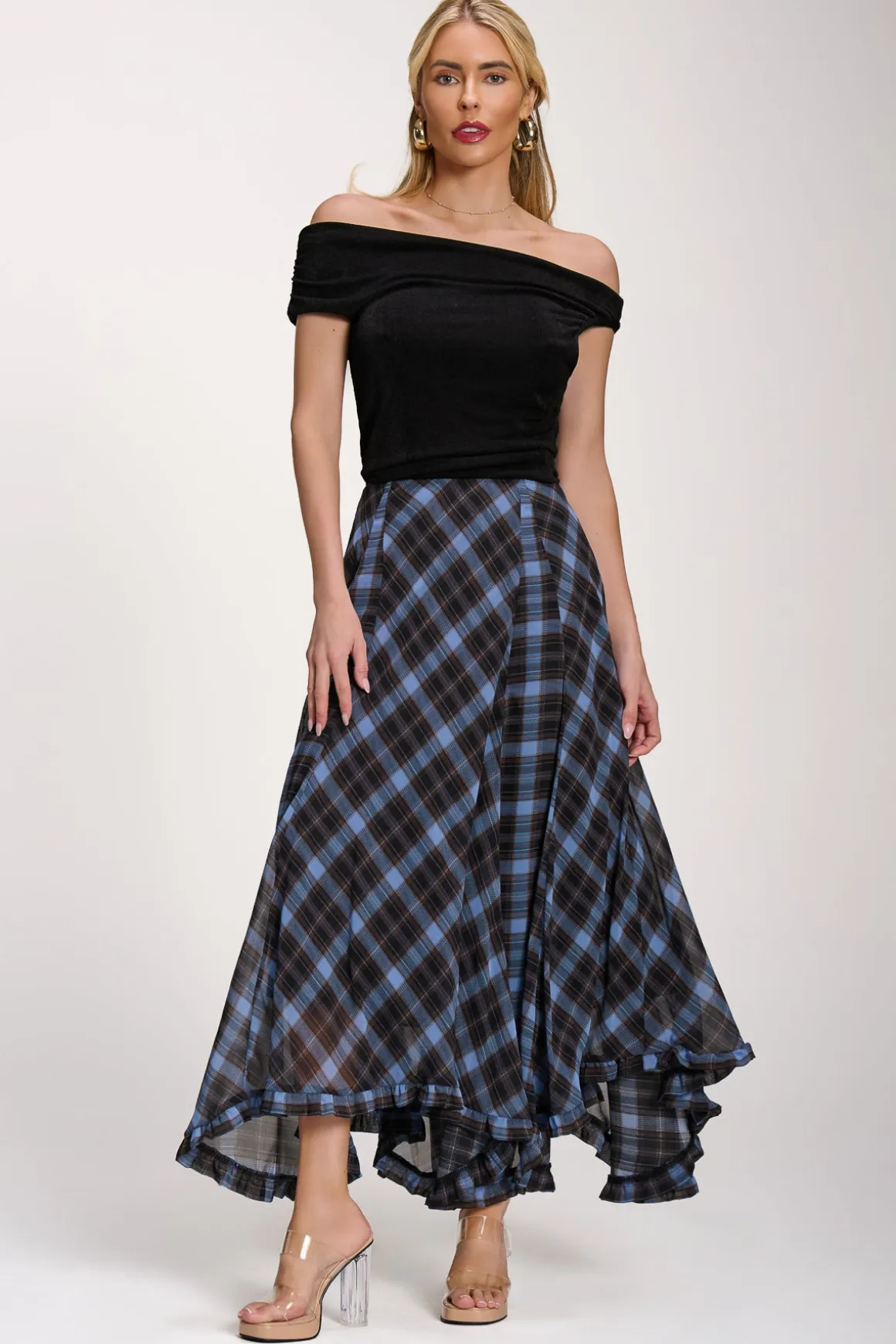 Checked Chiffon Hanky Hem Maxi Skirt, Blue Check