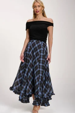 Checked Chiffon Hanky Hem Maxi Skirt, Blue Check