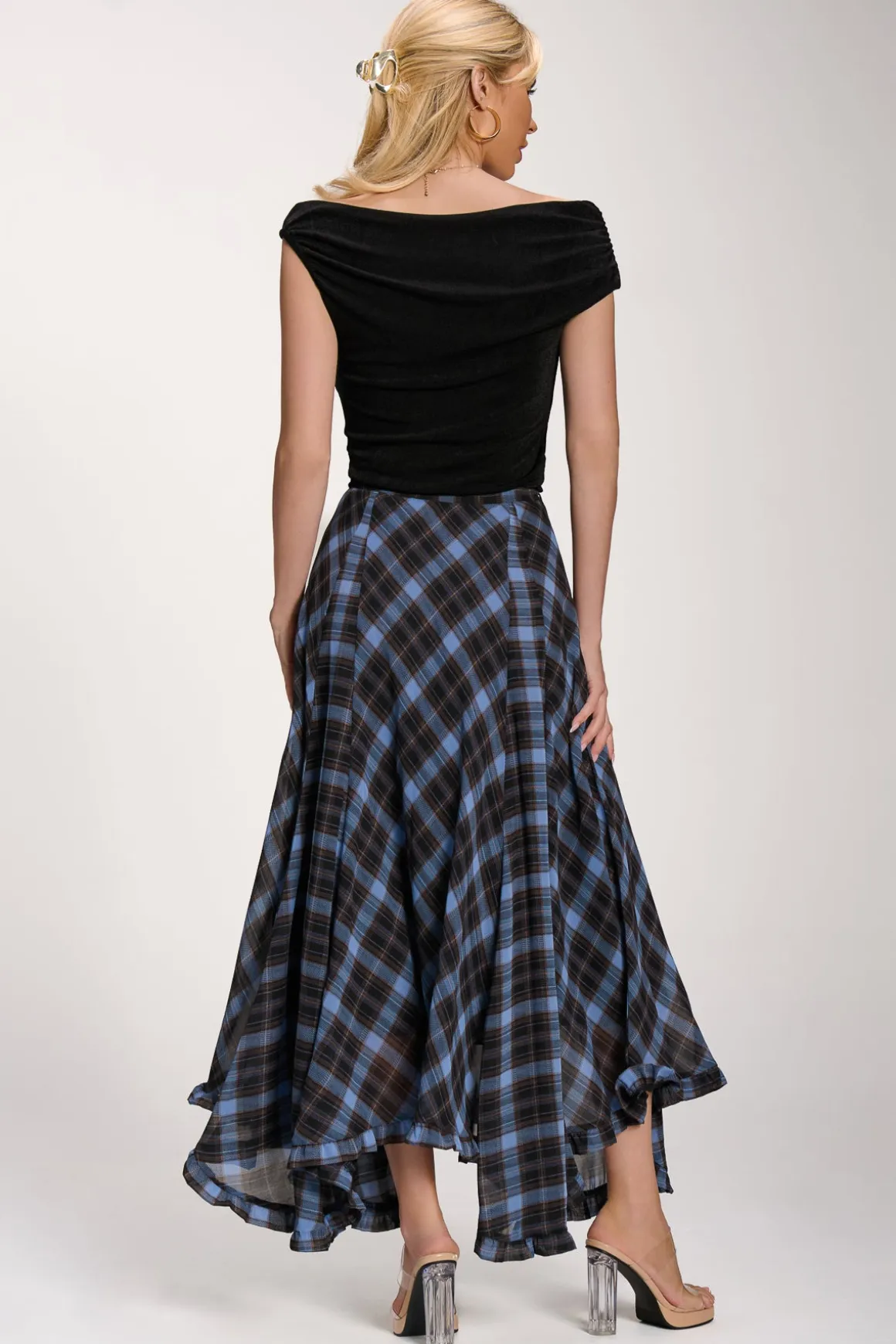 Checked Chiffon Hanky Hem Maxi Skirt, Blue Check