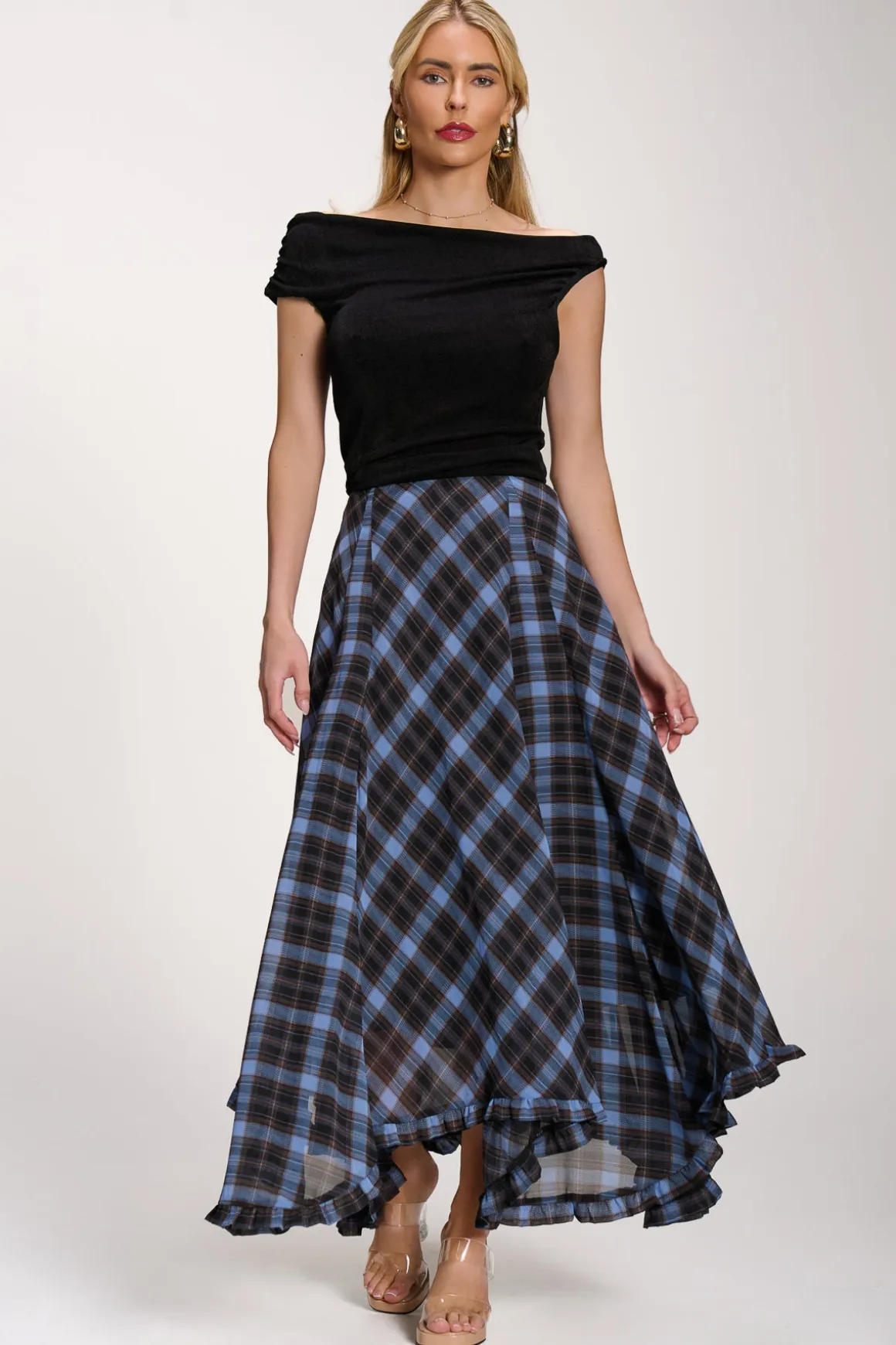 Checked Chiffon Hanky Hem Maxi Skirt, Blue Check