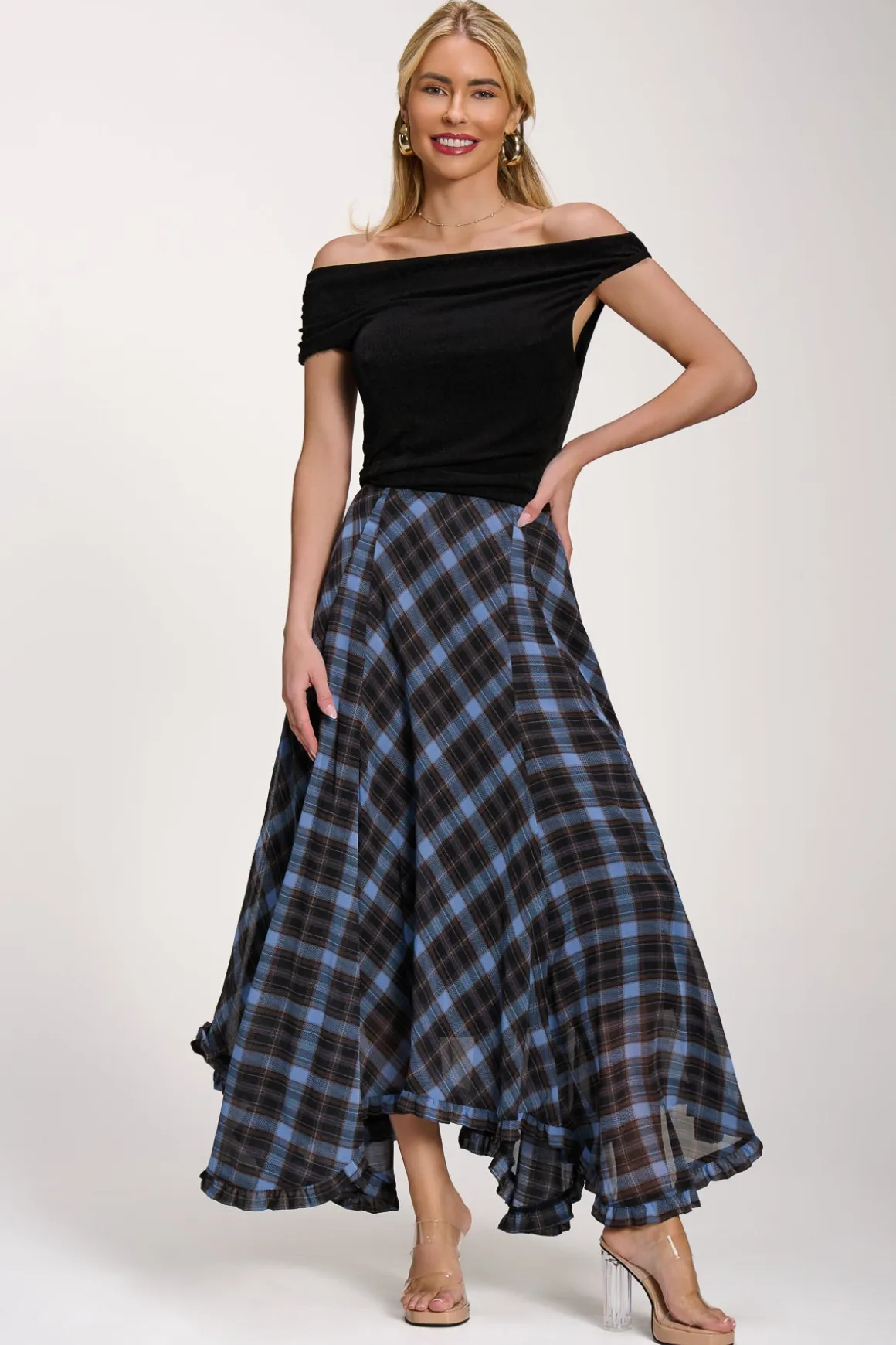 Checked Chiffon Hanky Hem Maxi Skirt, Blue Check