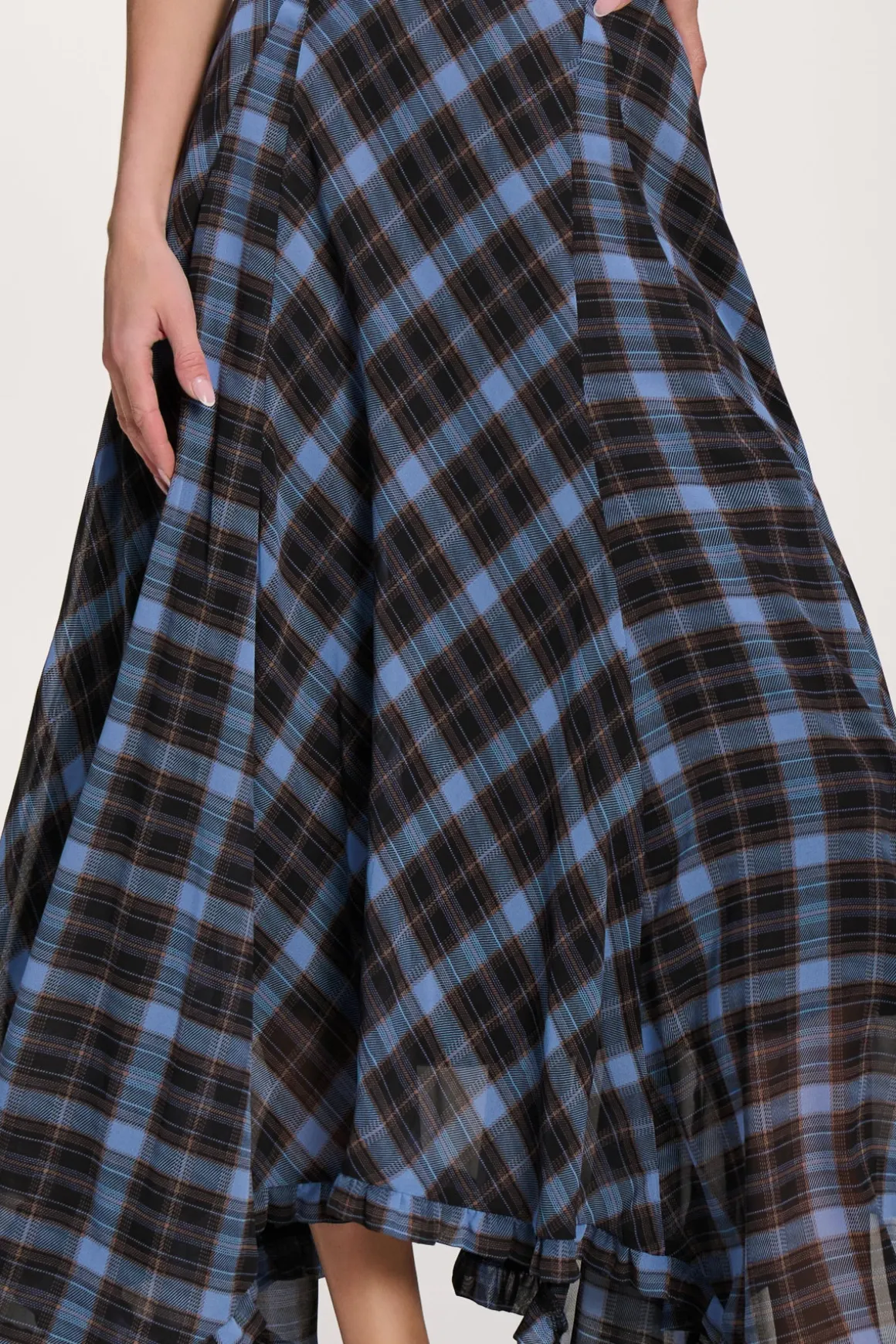 Checked Chiffon Hanky Hem Maxi Skirt, Blue Check