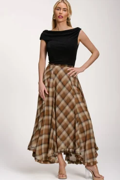 Checked Chiffon Hanky Hem Maxi Skirt, Brown Check