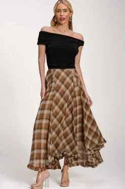 Checked Chiffon Hanky Hem Maxi Skirt, Brown Check
