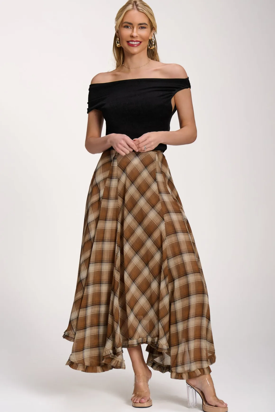 Checked Chiffon Hanky Hem Maxi Skirt, Brown Check