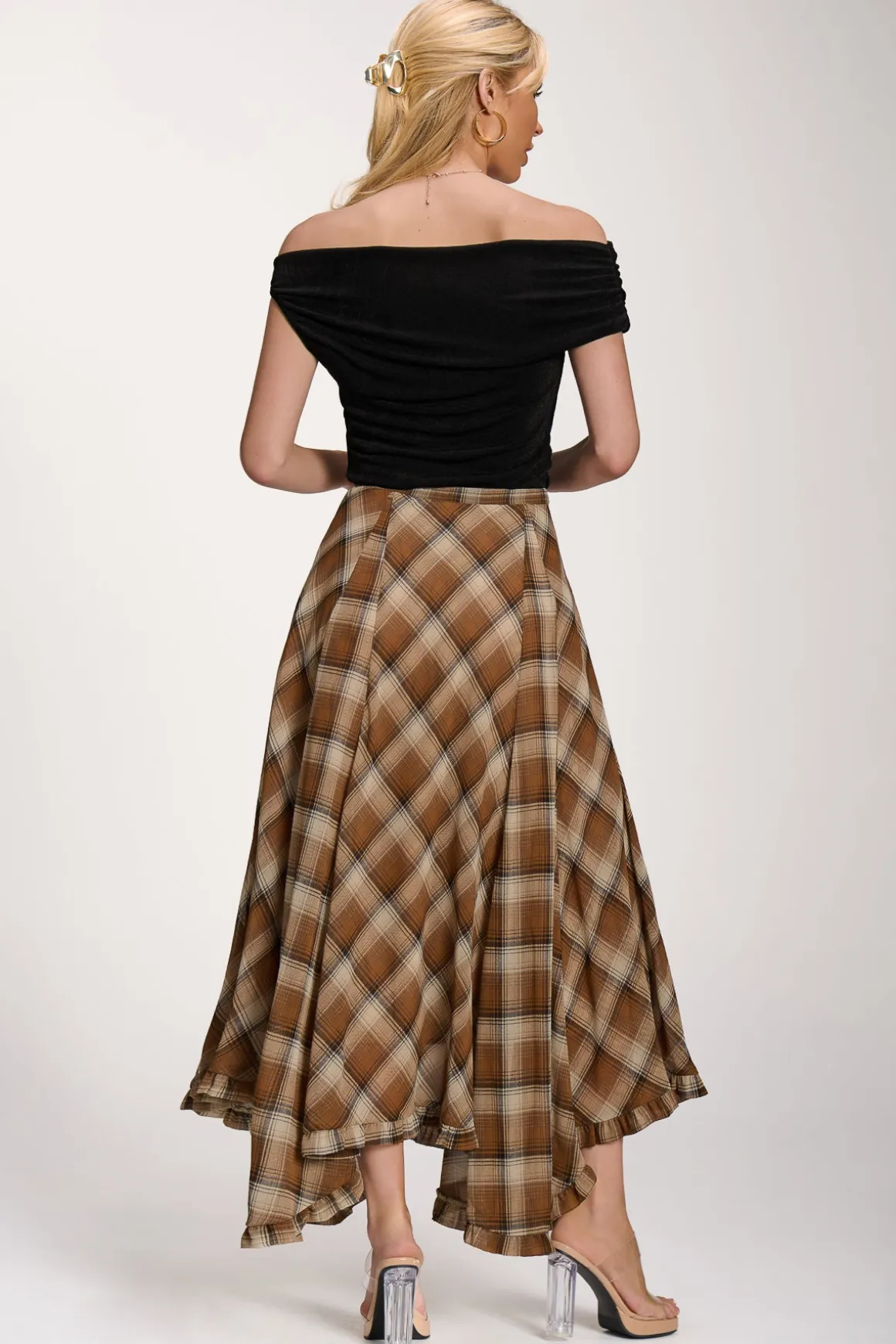 Checked Chiffon Hanky Hem Maxi Skirt, Brown Check