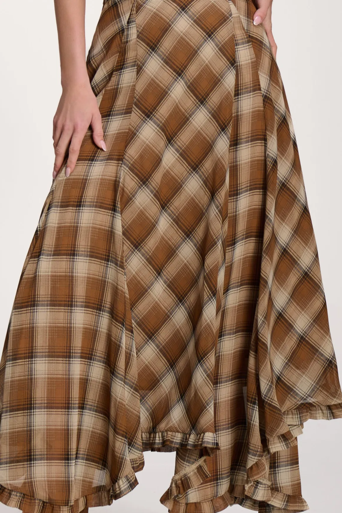 Checked Chiffon Hanky Hem Maxi Skirt, Brown Check