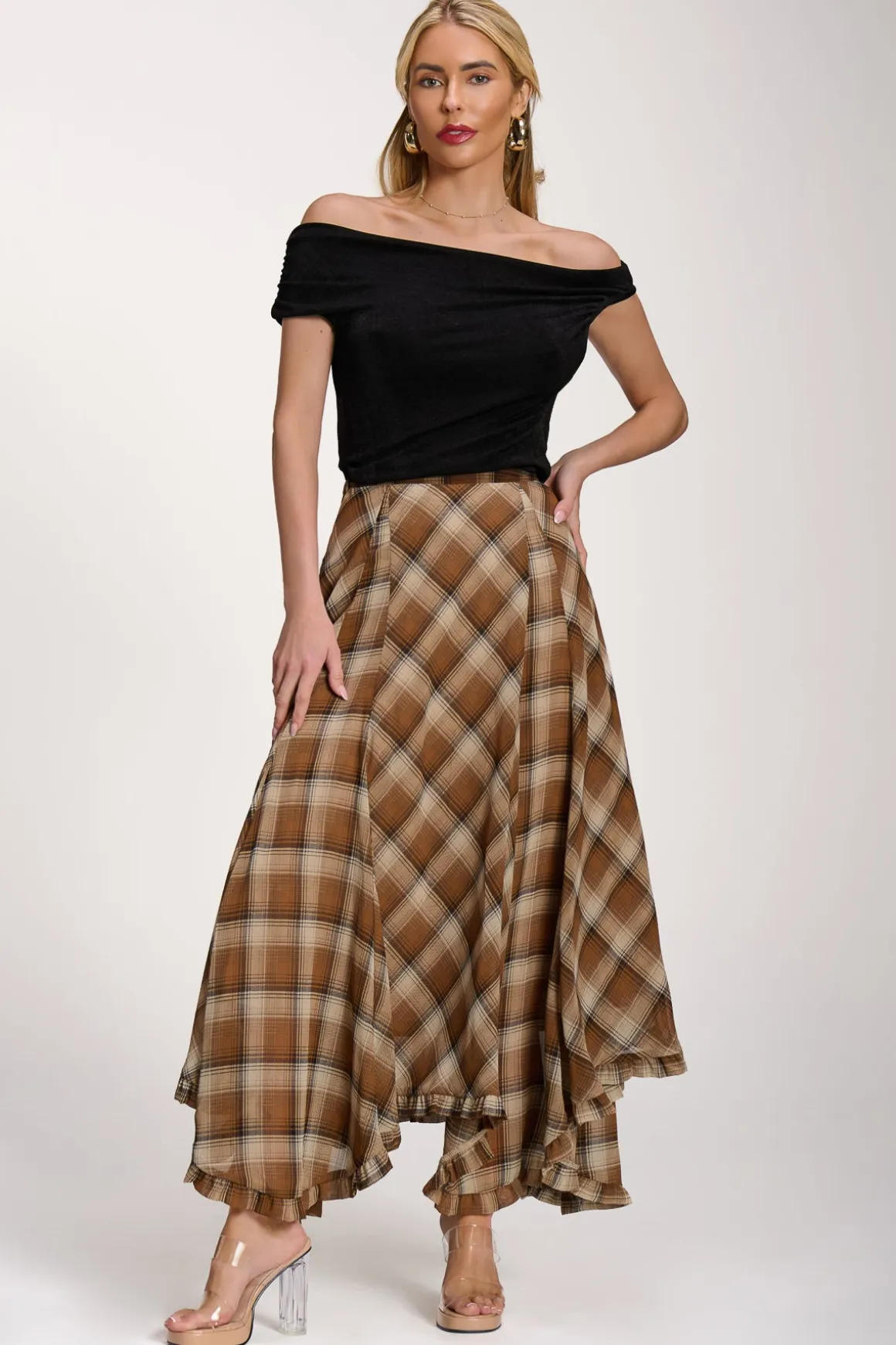 Checked Chiffon Hanky Hem Maxi Skirt, Brown Check
