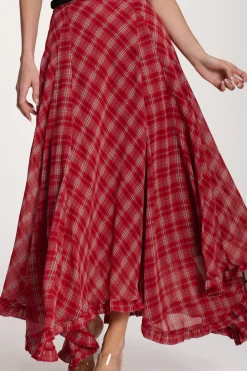 Checked Chiffon Hanky Hem Maxi Skirt, Red Check