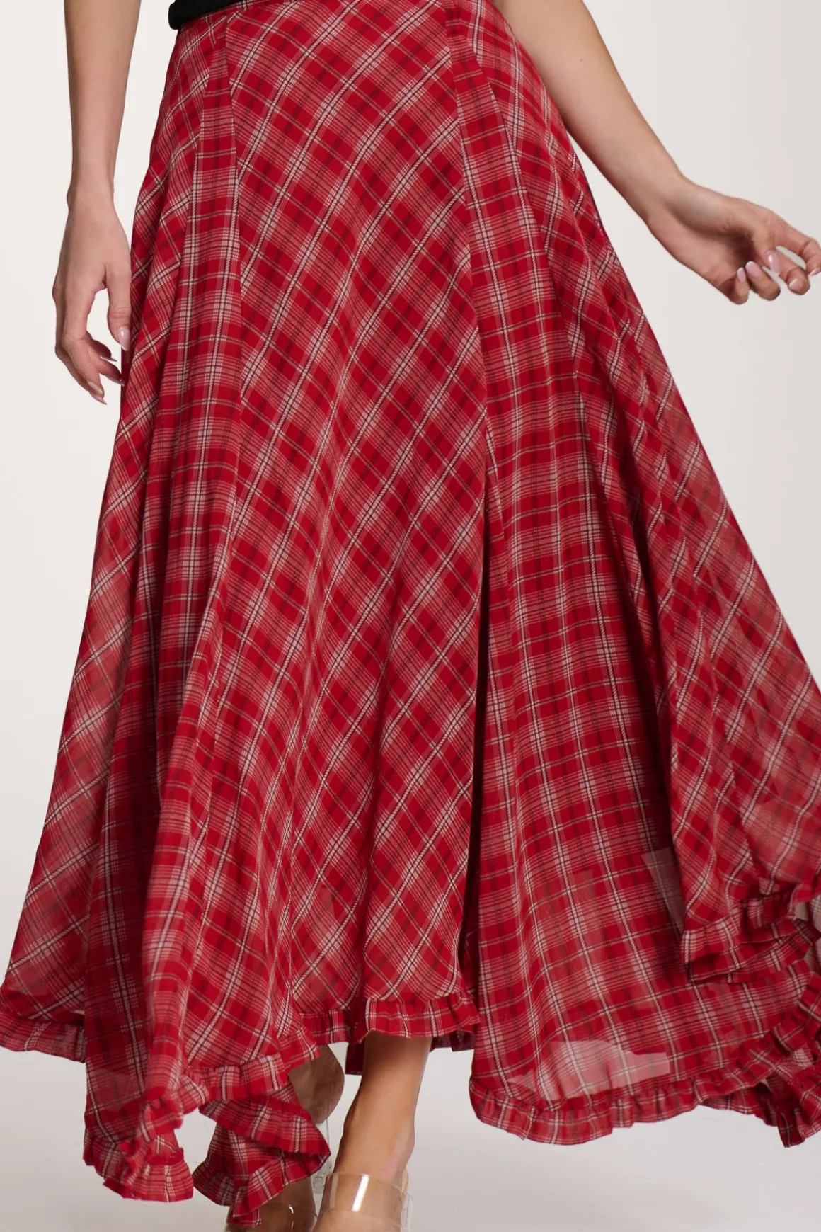 Checked Chiffon Hanky Hem Maxi Skirt, Red Check