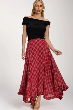 Checked Chiffon Hanky Hem Maxi Skirt, Red Check