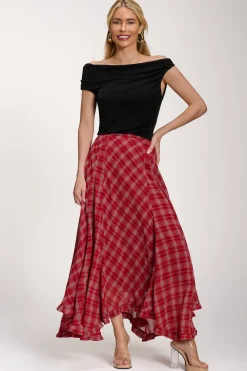 Checked Chiffon Hanky Hem Maxi Skirt, Red Check