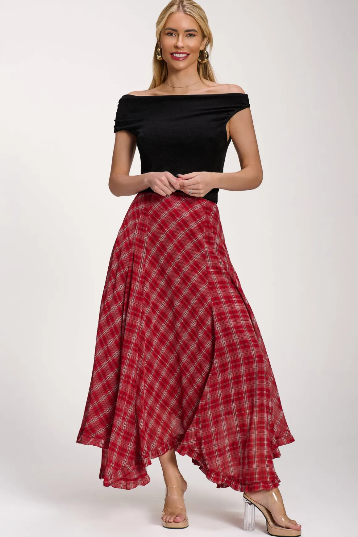 Checked Chiffon Hanky Hem Maxi Skirt, Red Check