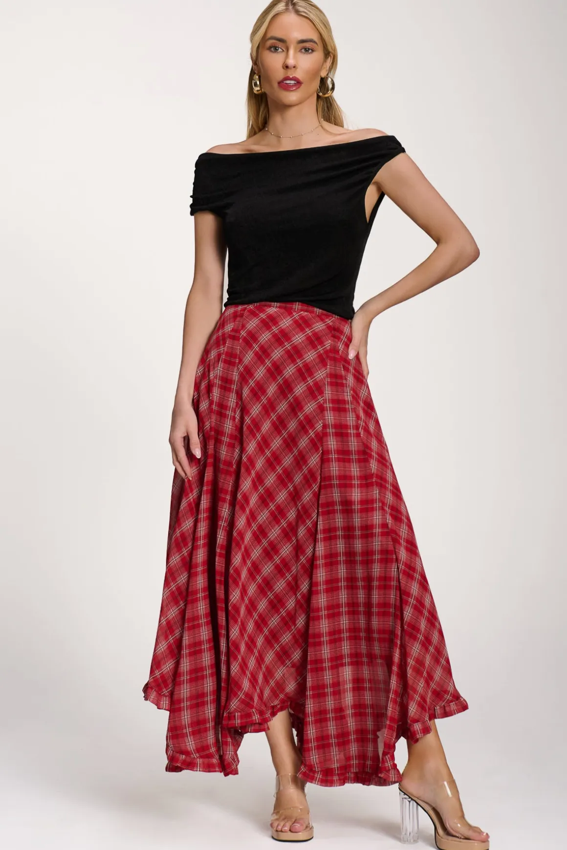 Checked Chiffon Hanky Hem Maxi Skirt, Red Check