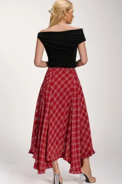 Checked Chiffon Hanky Hem Maxi Skirt, Red Check