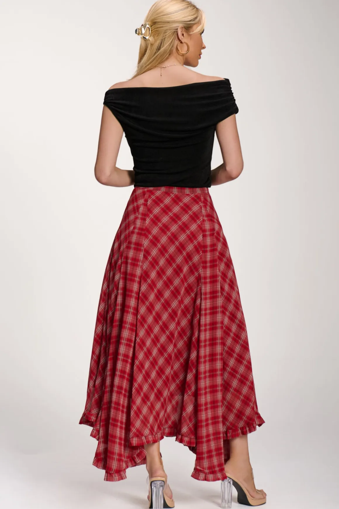 Checked Chiffon Hanky Hem Maxi Skirt, Red Check